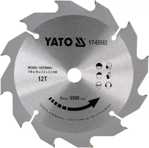 Yato fűrésztárcsa fához 170 x 16 x 2,2 mm / 12T