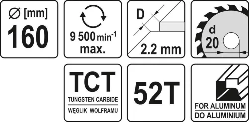 Yato fűrésztárcsa alumíniumhoz 160 x 20 x 1,5 mm / 52T