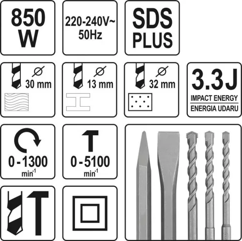 Yato elektromos fúrókalapács SDS-Plus 3,3 J 850 W