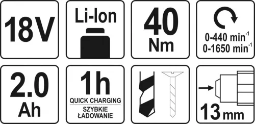 Yato akkus fúrócsavarozó 40 Nm 18 V Li-Ion (1 x 2,0 Ah akku + töltő)