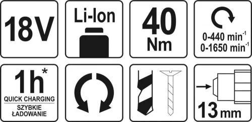 Yato akkus fúrócsavarozó 40 Nm 18 V Li-Ion (akku + töltő nélkül)