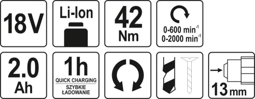 Yato akkus fúrócsavarozó 42 Nm szénkefe nélküli 18 V Li-Ion (1 x 2,0 Ah akku + töltő)