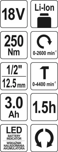 Yato akkus ütvecsavarozó 250 Nm szénkefe nélküli 18 V Li-Ion (1 x 3,0 Ah akku + töltő)