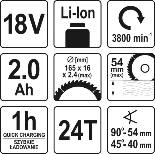 Yato akkus körfűrész 165 mm 18 V Li-Ion (1 x 2,0 Ah akku + töltő)
