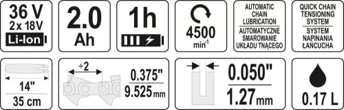 Yato akkus láncfűrész 350 mm 2 x 18 V (2 x 2,0 Ah akku + töltő)