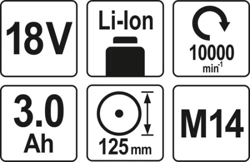 Yato akkus sarokcsiszoló 125 mm 18 V Li-Ion (2 x 3,0 Ah akku + töltő)