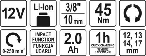 Yato akkus sarok ütvecsavarozó 3/8" 45 Nm 12 V Li-Ion (1 x 2,0 Ah akku + töltő)