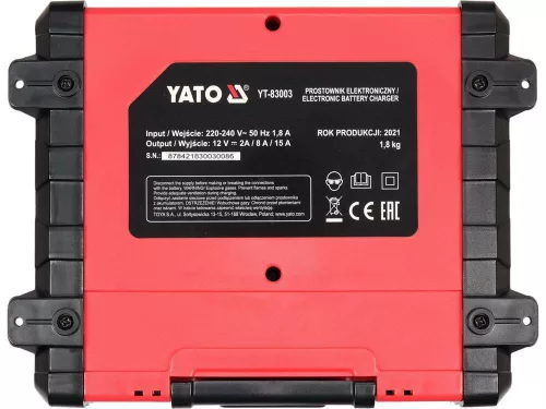 Yato akkumulátor töltő 12 V 2/8/15 A max. 200 Ah LCD kijelző