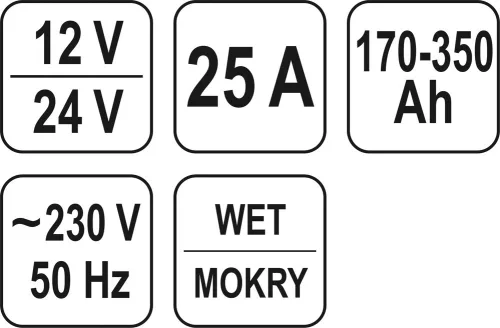 Yato akkumulátor töltő 12-24 V / 25 A / 170-350 Ah