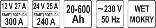 Yato akkumulátor töltő-indító 12-24 V / 300 A / 20-600 Ah
