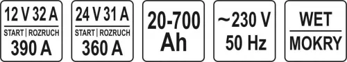 Yato akkumulátor töltő-indító 12-24 V / 360 A / 20-700 Ah