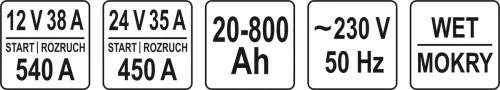 Yato akkumulátor töltő-indító 12-24 V / 540A / 20-800 Ah