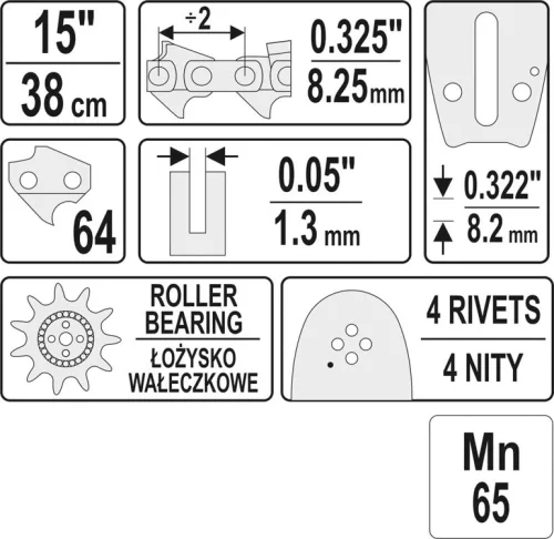 Yato láncfűrész láncvezető 15" 0,325" 1,3 mm