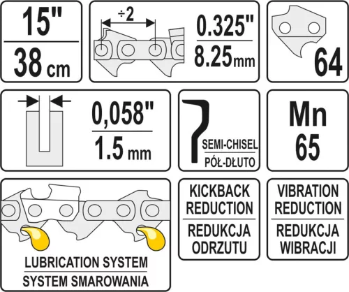 Yato láncfűrész lánc 15" 0,325" 1,5 mm 64 szem