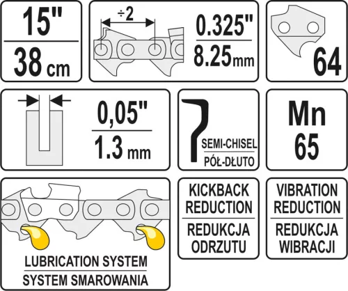 Yato láncfűrész lánc 15" 0,325" 1,3 mm 64 szem