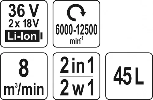 Yato akkus lombfúvó-szívó 45 liter 2 x 18 V Li-Ion (akku + töltő nélkül)